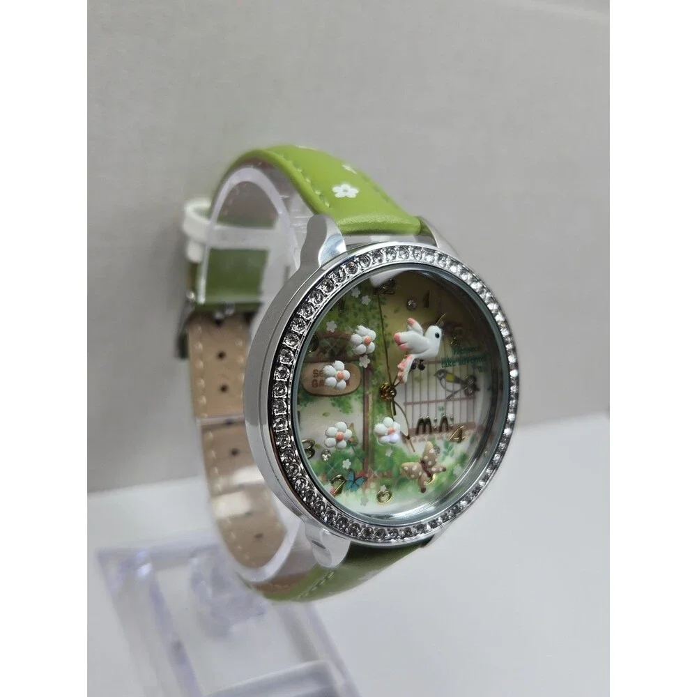 Mini Watch Womens 3D Garden Bird Flower Crystal Bezel Leather Quartz New Battery